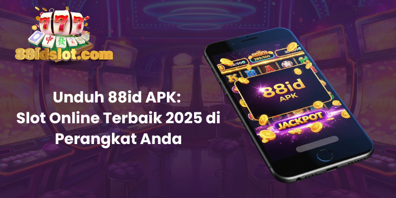 A modern mobile phone displaying a vibrant online slot game interface, with the text "88id APK" on the screen, surrounded by glowing coins, jackpot effects, and a dark background with neon elements. Style: clean, tech-themed, and promotional.