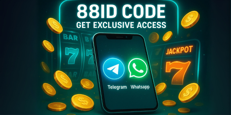 Modern casino-themed digital poster showing a smartphone screen with Telegram and WhatsApp icons glowing. Overlay text: “88ID CODE – Get Exclusive Access”. Background of slot reels, gold coins, and glowing jackpot symbols. Futuristic blue-green gradient with neon highlights.